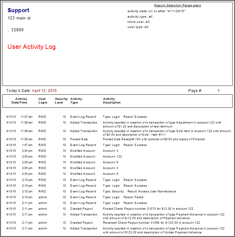 User Activity Log Report